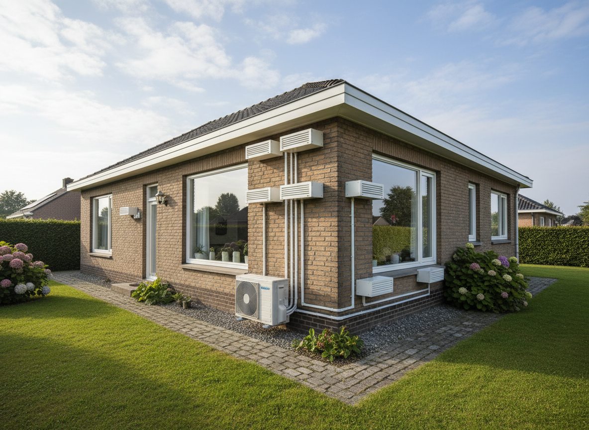 Airconditioning installatie bij bakstenen woning in Vlaanderen