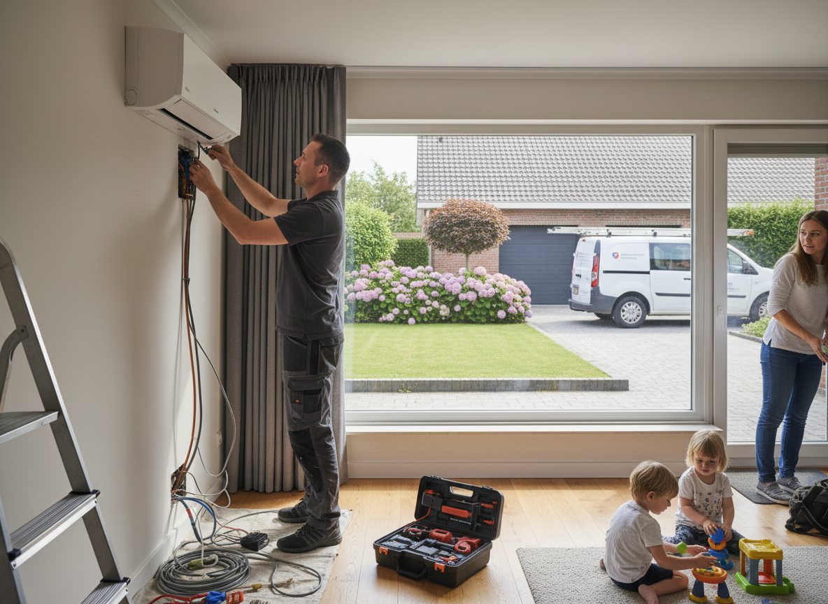 Airconditioning installatie bij bakstenen woning in Vlaanderen