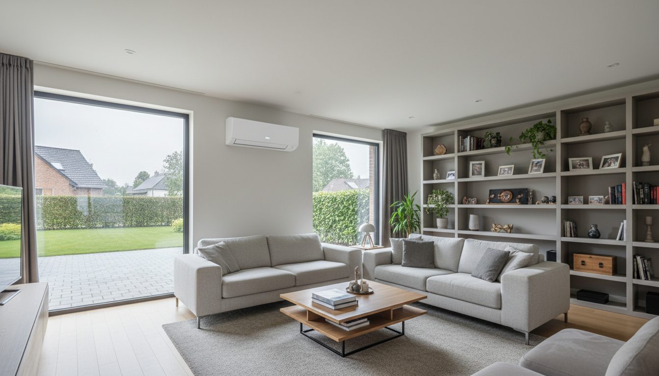 Airconditioning installatie bij bakstenen woning in Vlaanderen